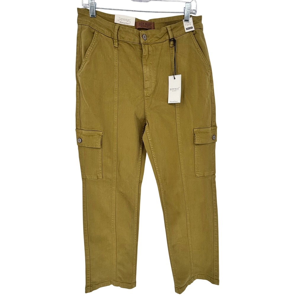 Judy Blue High Waist Garment Dyed Cargo Pants Olive Mustard Straight Leg NEW